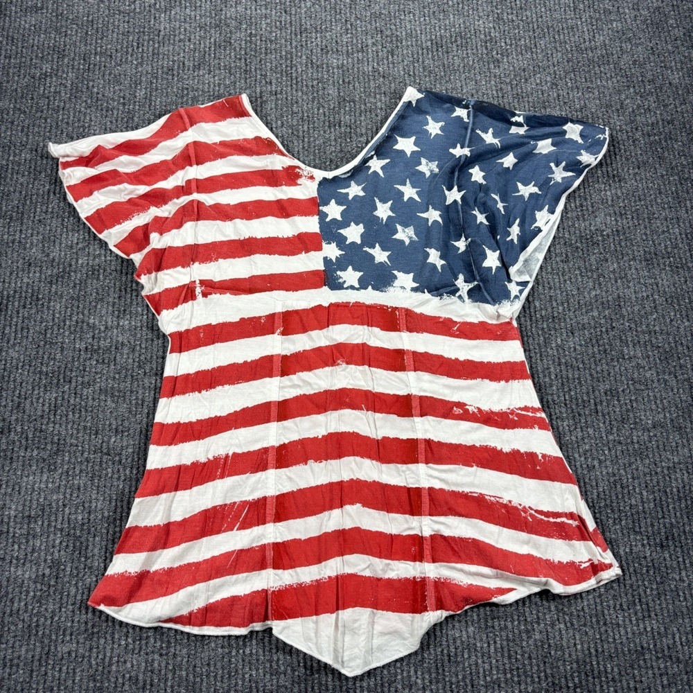 Venus American Flag Top Women Size L Red White Blue Stars Stripes Flutter Sleeve - Picture 7 of 7